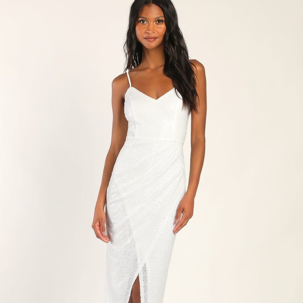 White Sequin Faux-Wrap Bodycon Maxi Dress